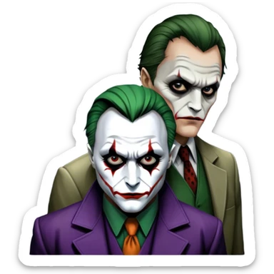 Thriller movie icon: A close-up collage with eerie, dramatic elements. Include the Joker, Hannibal Lecter, and a dark, moody Gotham City skyline in the background. The characters should look intense and shadowed, creating a tense atmosphere. Transparent background. sticker