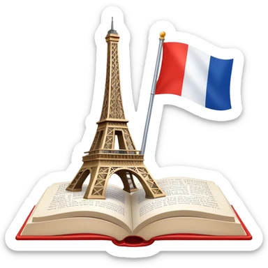 An icon featuring the Eiffel Tower and the flag of France, symbolizing the French language. The design includes an open book with French text, representing language learning and French culture. Transparent background highlights the elegance of the French-speaking world. sticker