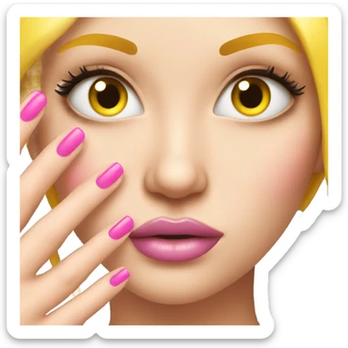 Sassy yellow emoji with long eye lashes and showing off long pink nails sticker