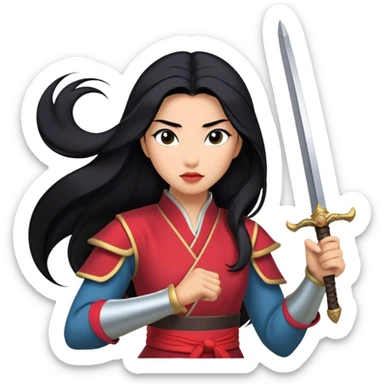 Cinematic Realistic Mulan Portrait, depicted with lifelike skin texture, soft natural lighting, and intricately detailed long black hair styled elegantly. Her deep, expressive eyes exude determination and grace, complemented by a serene yet confident expression. She stands with one hand resting on the hilt of her sword, the other by her side, exuding strength and poise. She is dressed in her classic attire, with rich fabric textures and delicate folds that catch the light beautifully. The portrait features a soft, enchanting glow with a natural, radiant finish, capturing the essence of timeless strength and beauty in a realistic and painterly style, evoking a sense of depth and authenticity. sticker