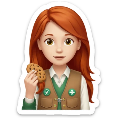 white girl scout with red long hair selling cookies with a brown Girl Scout vest and white shirt under vest. She should be around 10 years old sticker