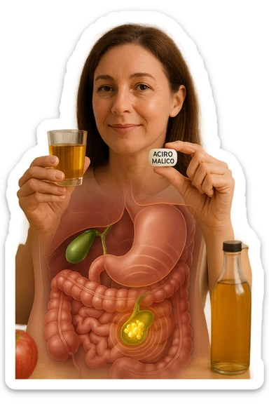 A detailed, realistic illustration or photo-style image showing a person holding a small glass of apple cider vinegar in one hand and a capsule labeled ‘Acido Malico’ in the other. In the foreground or as an overlay, a semi-transparent anatomical view of the abdomen highlights the gallbladder with visible small gallstones inside. Around the gallstones, gentle glowing waves or soft dissolving effects symbolize the softening or breakdown of the stones due to the natural acids. The person looks hopeful and calm, in a bright kitchen setting with fresh apples and natural health products on the counter. The overall mood is informative, natural, and hopeful about non-invasive, natural support for gallstone health sticker