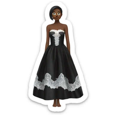 Realistic isolated black silk strapless dress flat neck with minimal white lace sticker