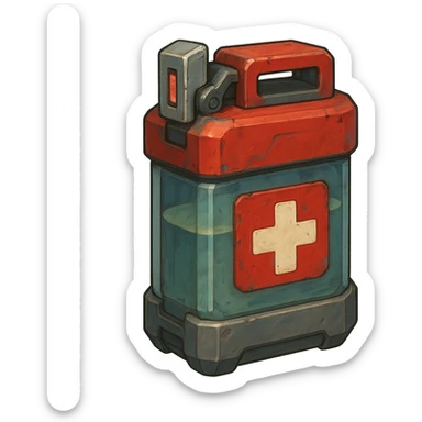 the image is the icon for a videogame insta-use item, it is a medpack- fututistic cyberpunk- resembles a canister with deadswitch sticker