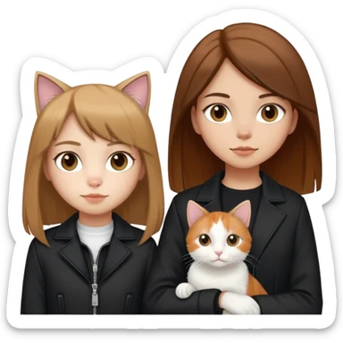 Light-skinned girl with brown straight hair wearing a black jacket, along with one pure white cat and one calico cat sticker