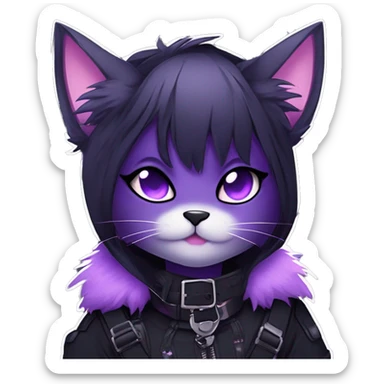 Gorgeous furry gothic dark techwear anime style anthro black cat furry sona Fakemon with blushing face aesthetic and pretty edgy black with violet collar and harness trending style sticker