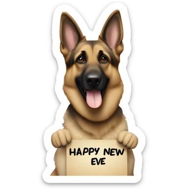 Blonde and brown German shepherd holding a sign that says “Happy New Years Eve” sticker