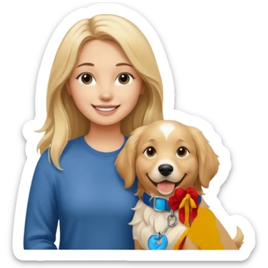 20-year-old dirty blonde woman with long hair and dark blue eyes, standing with an English cream golden retriever, friendly and warm scene sticker