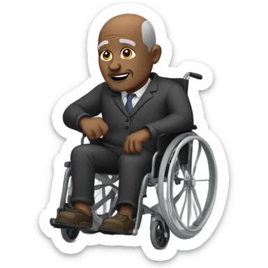 old black bald man with a round belly in wheelchair. stern face. grey stubble. he is pointing finger in front.  sticker