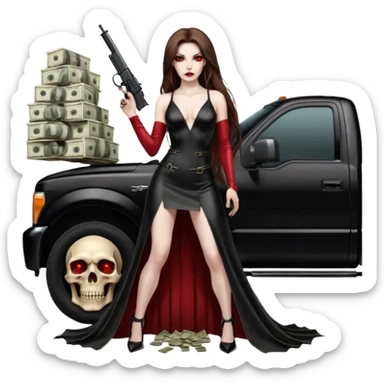 Lilith symbol red eye seductress evil long brown haired sexy succubus woman with leather long dress with slit, sitting in Big Large F350 pickup truck. Black Platform high heels on feet. Back of truck full of stacks of cash, and a man human skull with a gun in other hand sticker