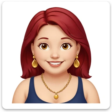 Chubby girl, shoulder length dark red hair, brown eyes, dimples, gold earrings, and necklaces sticker