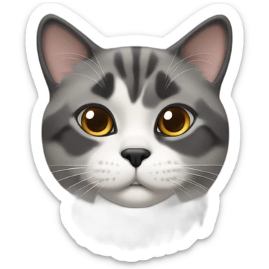 senior chubby diluted calico cat, grey bottom-chin, black nose, grey ears, grey and white sticker