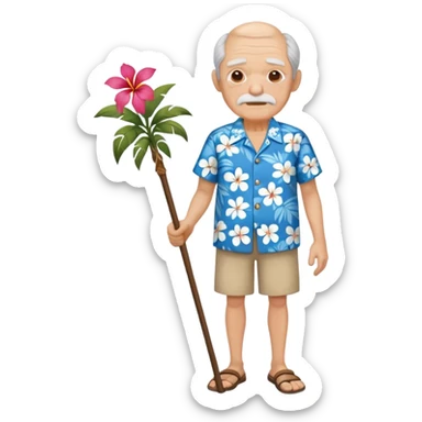 old man with hawai blue floweral shirt  full body with stick sticker