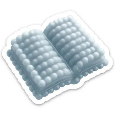top view of a thick open book made entirely of small, very bright white fluffy convex clouds, matte glass style, no background sticker