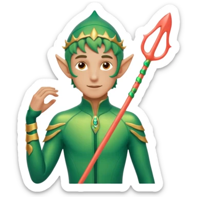 male elf in iridescent wetsuit, coral staff. Gills on neck sticker