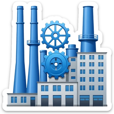"A minimalist vector icon of a modern manufacturing factory building with a gear symbol above it. Blue and grey color scheme, flat design, white background, simple thick lines, professional business logo style." sticker