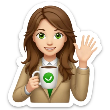 Full body, Long, Brown haired girl with middle hair part, with green eyes, smiling, waving with one hand, coffee mug in the other sticker