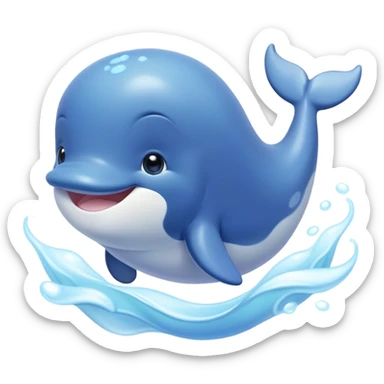 Cinematic happy baby whale, chubby rounded body, tiny smiling face, soft pastel blue hues, gentle glowing waves around, joyful and soothing. sticker