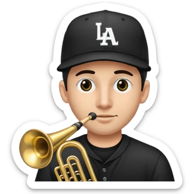 Un señor tocando el trombón (viendo hacia arriba, con los ojos cerrados), que tenga una gorra de béisbol negra de LOS ANGELES (LA), vestido todo de negro sticker