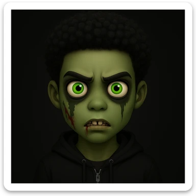 Change the hair to a Black hairstyle with tight curls or afro and add a black hoodie. Keep the boy zombie's green skin, emo vibe, and creepy expression. sticker