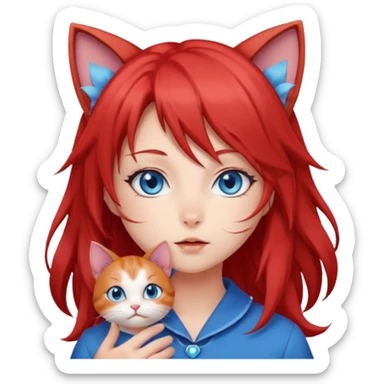 very cute anime cat-girl with small cat ears, red blowing hair sticker