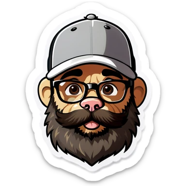 A man with a grey baseball cap, hazel eyes, big dark brown beard and glasses, big bubble begging puppy eyes sticker