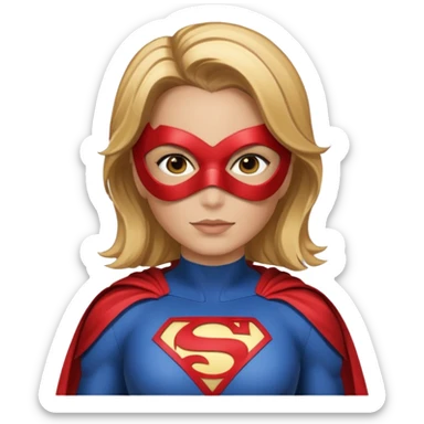 Mujer súper heroína tipo la de WhatsApp. Pelo marrón claro y mechas rubias por los hombros. Con antifaz y traje de héroe, que se vea solo hasta los hombros y logo MJ en el traje. Como la de WhatsApp  sticker