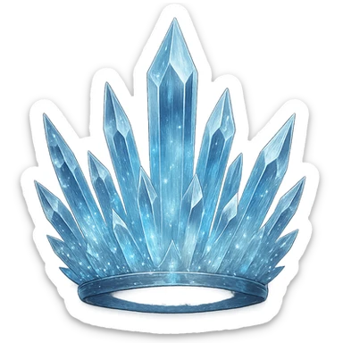 a crystal crown with sharp, transparent blue crystals, shimmering with silver flecks and a soft ethereal light sticker