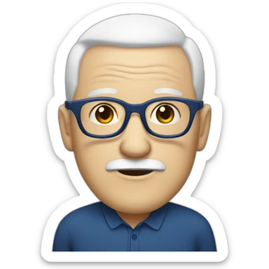 one old white man with white beard, no hair, round dark blue glasses, shirt with white collar sticker