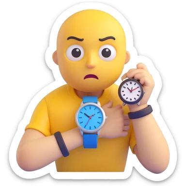 A yellow emoji face with a worried expression, looking at a wristwatch with raised eyebrows, showing urgency and stress sticker