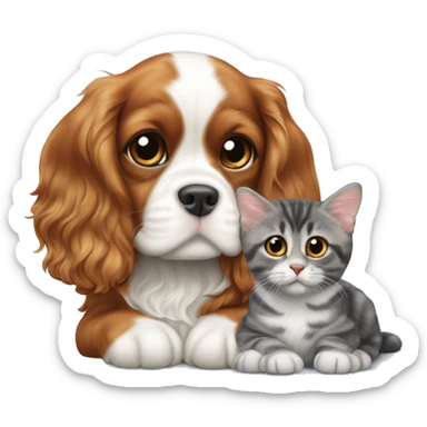 Cavalier King Charles Spaniel puppy sits next to a British gray tabby cat sticker