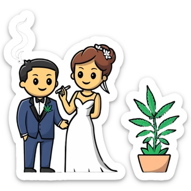 Person in fancy clothes sneaking into a wedding ceremony with a mischievous grin, uninvited guest, smoking cannabis sticker