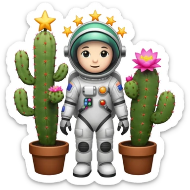 A spacesuit-wearing cactus blooming neon stars instead of flowers, with mini planets on its prickles sticker