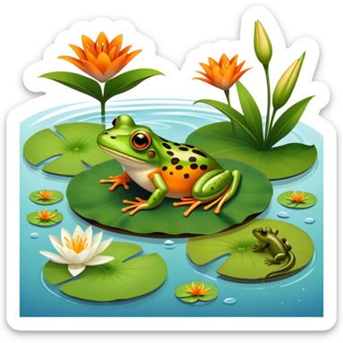 Icon for Amphibians: A colorful collage featuring a frog sitting on a lily pad, a salamander crawling on the ground and a newt swimming in water. The background features lily flowers and a calm pond setting. Transparent background. sticker