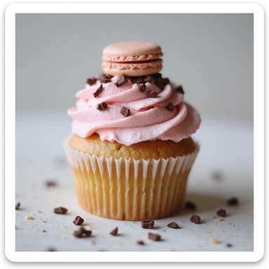 realistic cupcake with pink icing, photorealistic style, with a mini macaron and chocolate curls as accessories sticker