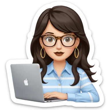 A white woman with long wavy dark brown hair and a whispy bang, wearing thick tortoise SQUARE glasses, gold drop earrings. She has long lashes and a nude browny glossy lipstick. She's wearing an oversize light blue shirt with white vertical strips. She's working on a laptop sticker