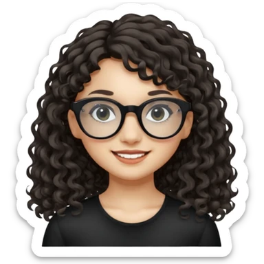 create a frontend girl that has a round face and very long curly hair with a side curtain bangs and wears black square rayban glasses doesnt smile with her teeth and white sticker