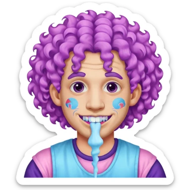 very colorful puffy violet curly haired man made out of cotton candy wearing teeth-braces and excessive face tattoos just face  sticker
