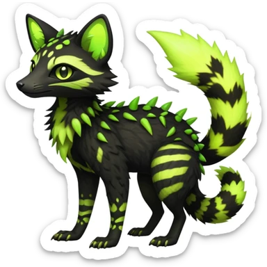 Rare realistic black edgy toxic radioactive-themed black fur with neon-lime-green-glowing  epic handsome gorgeous aesthetic vibrant Vernid-Trico-Genet-species-hybrid-Fakemon-creature by LiLaiRa, 4 legs, 1 tail, random markings, (full body) with tiny spikes sticker