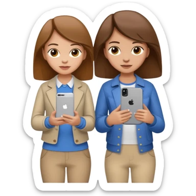 two brown haired girls, looking professional maybe leaned on each others back and looking forward and using phones, with longer hair and with some cute clothes without ties, one girl can hold lap top another one can hold the phone sticker