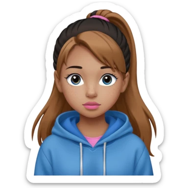 Create a teenage girl with straight light brown hair pulled into a ponytail, tan skin, light freckles, and blue-grey eyes. She will have pink lips and long black eyelashes. She will be wearing a big black hoodie. sticker