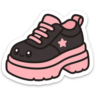 BLACKPINK-inspired gothic shoes, no hearts, black and pink, cute and stylish, kawaii style, chunky sneakers with star accents, no socks sticker