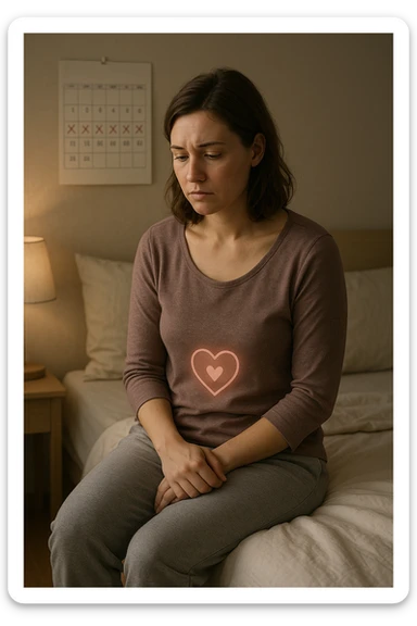 3D realistic medical illustration: a young woman in her 20s or 30s sits on the edge of a bed in a softly lit bedroom, looking thoughtful and slightly concerned. She wears comfortable loungewear, her posture is slouched, and her expression is subdued. Subtle visual cues—such as a faded calendar with missed menstrual cycles and a dimmed heart or energy icon near her abdomen—symbolize low libido and amenorrhea. The scene is realistic, intimate, and empathetic. sticker