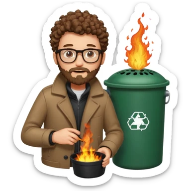 curly skinny guy with bear and glasses, heating in front of a trash bin on fire  sticker