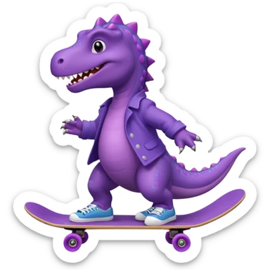 a purple dinosaur on a skateboard wearing a coat with sneakers in the bottom sticker