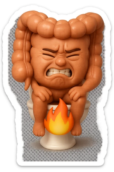 SU QUESTO STILE FAI UN EMOJI STILE IPHONE 3D DI UN INTESTINO CHE sta seduto sul wc e dal wc in mezzo alle sue gambe esce una fiamma stile emoji iphone, FAGLI UN ESPRESSIONE di dolore mentre si sforza E FALLO MOLTO REALISTICO IN 3D sticker