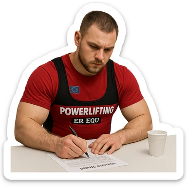 European powerlifter in anti-doping room, signing control documents, wearing competition clothing, serious atmosphere, realistic details, isolated on white background sticker