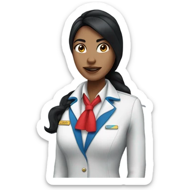 Flight attendant with long black hair, white skin and a blue uniform and a scarf sticker