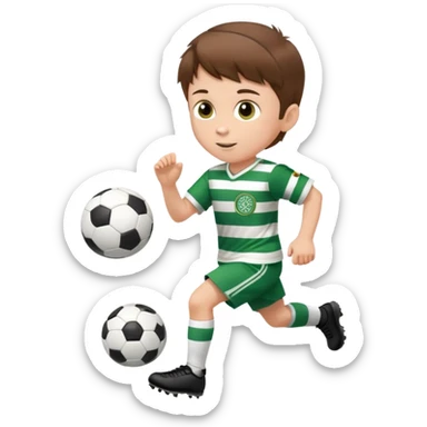 Celtic footballer jersey logo  6 years old brown hair white boy , brown eyes , stripes uniform , RUNNING  with soccer ball # 17 celtic football logo PUT ONLY ONE LOGO ONE CELTIC LOGO ONLY  sticker