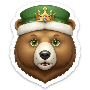 Just the head of a cute brown bear with green eyes, wearing white fur ushanka hat with highly detailed realistic Russian Federation coat of arms, showing double-headed eagle with crowns, scepter, orb and St. George shield, iOS emoji style sticker
